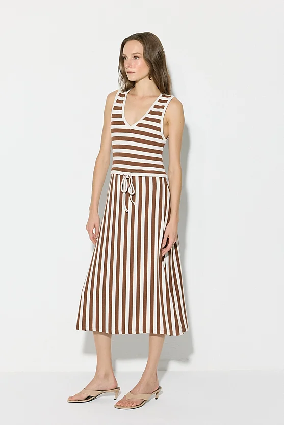 Çizgili Midi Boy Viskon Örme Elbise - Kahverengi - Gusto