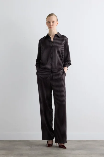 Çizgili Saten Gömlek - Kahverengi - Gusto (1)