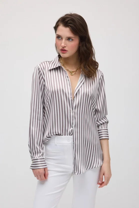 Çizgili Saten Gömlek - Kahverengi - 5