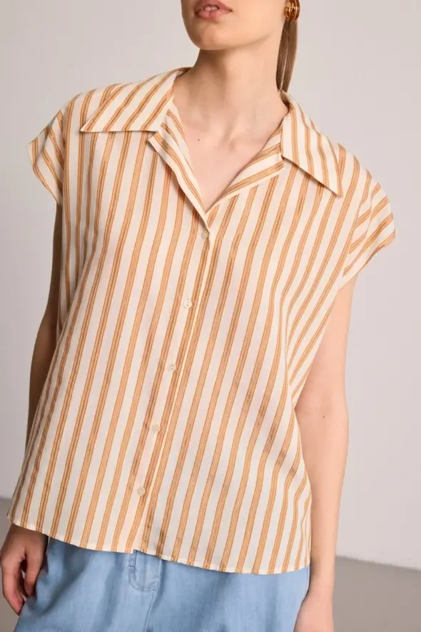 Çizgili Simli Gömlek - Ekru - Gusto