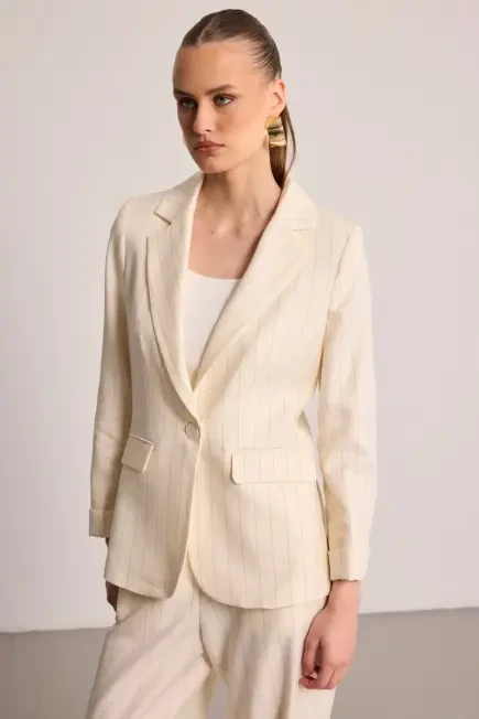 Çizgili Tencel Ceket - Ekru - Gusto