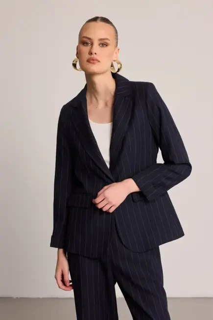 Çizgili Tencel Ceket - Lacivert - Gusto