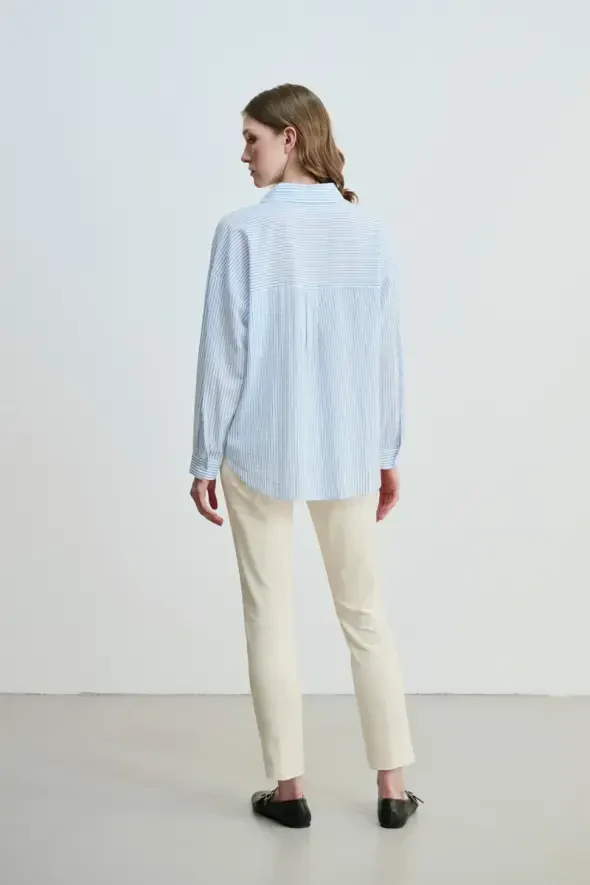 Çizgili Viskon Gömlek - Mavi - Gusto