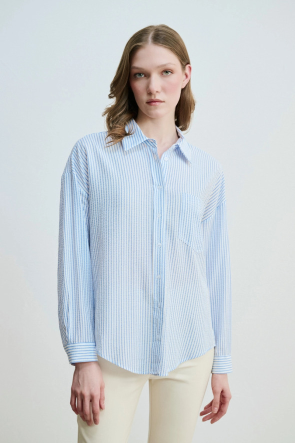 Çizgili Viskon Gömlek - Mavi - Gusto