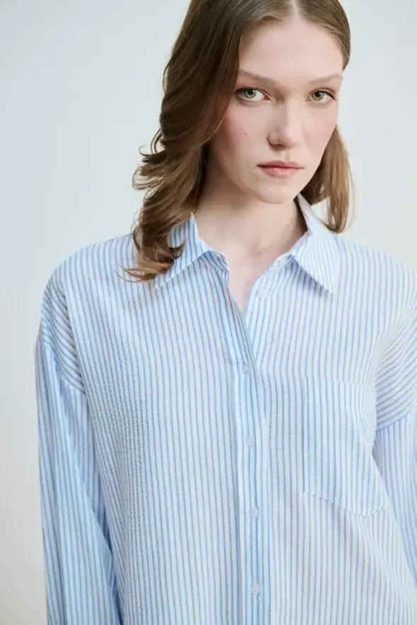 Çizgili Viskon Gömlek - Mavi - Gusto