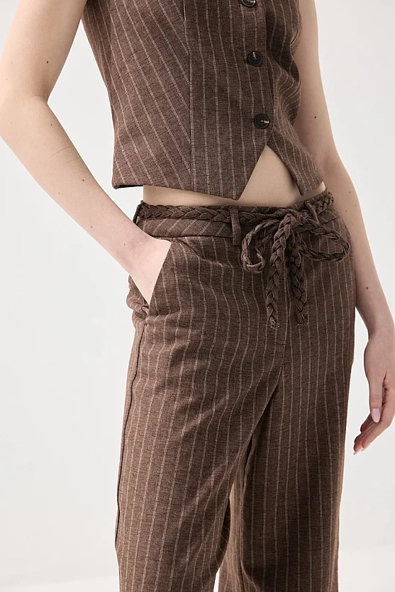 Çizgili Keten Örgü Kemerli Pantolon - Kahverengi - 3