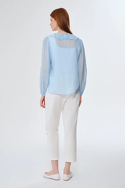 Çizgili Volanlı Gömlek - Mavi - Gusto