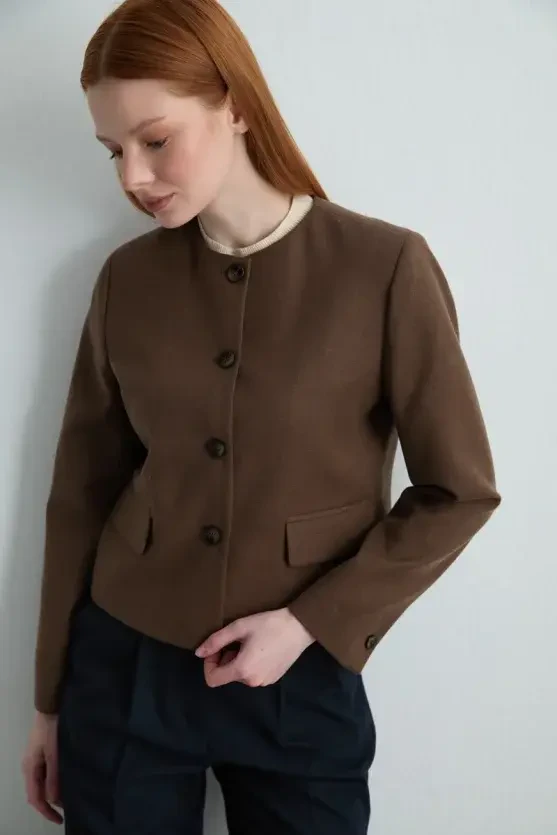 Collarless Wool Jacket - Brown - Gusto