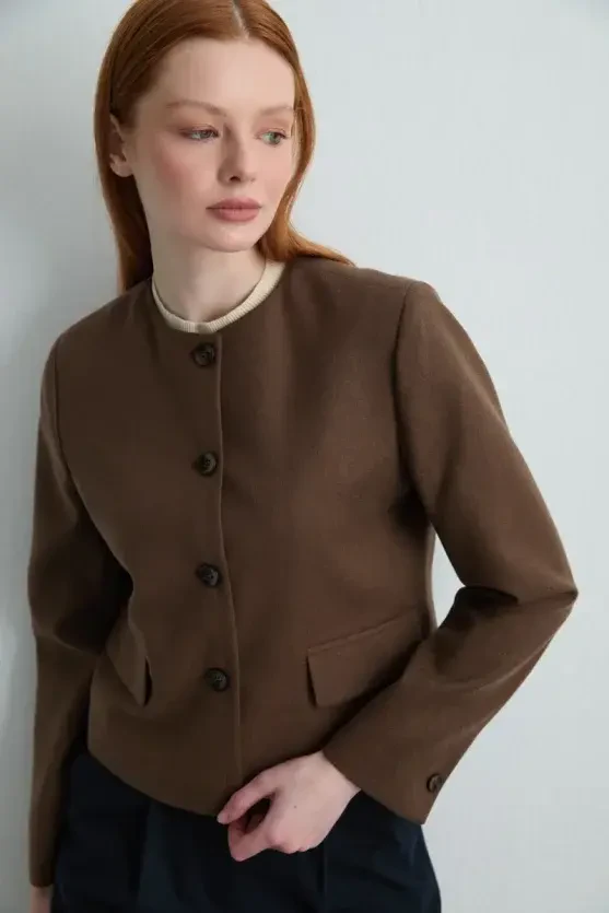 Collarless Wool Jacket - Brown - Gusto