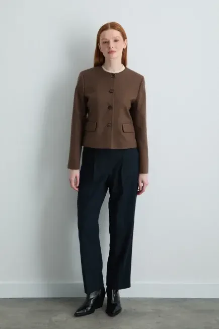 Collarless Wool Jacket - Brown Brown