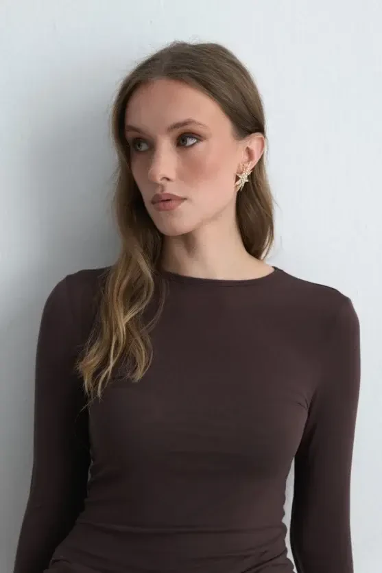 Crew Neck Cashmere Blouse - Brown - 3