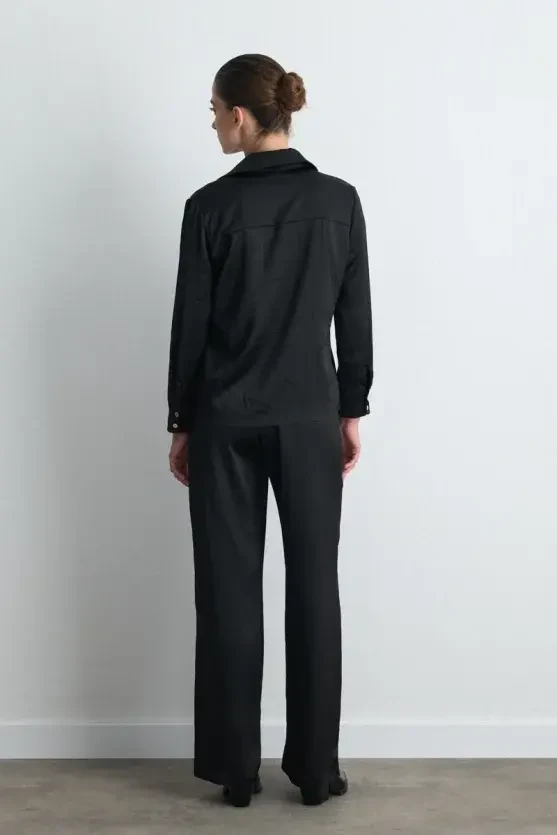 Crinkle Satin Shirt - Black - 5