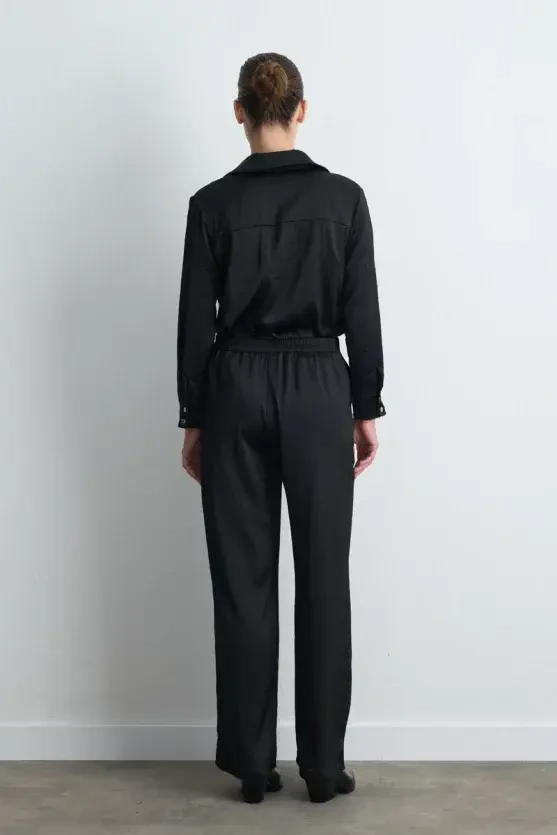 Crinkle Wide-Leg Satin Pants - Black - Gusto