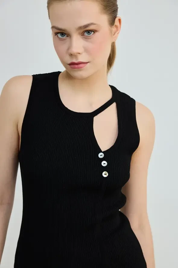 Damla Detaylı Kolsuz Triko Bluz - Siyah - 3