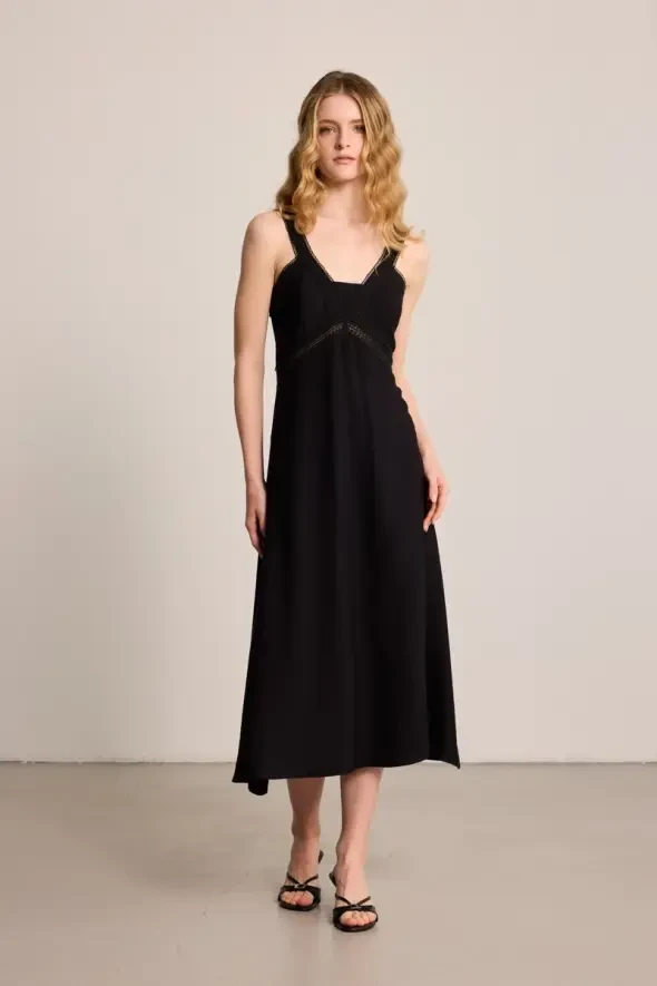 Dantel Detaylı Askılı Elbise - Siyah - Gusto