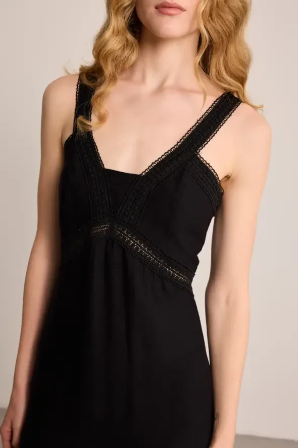 Dantel Detaylı Askılı Elbise - Siyah - Gusto