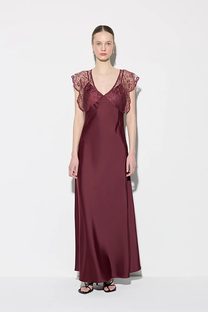 Dantel Detaylı Saten Abiye Elbise - Bordo Bordo