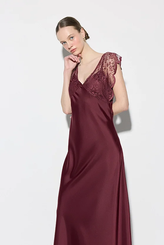 Dantel Detaylı Saten Abiye Elbise - Bordo - Gusto