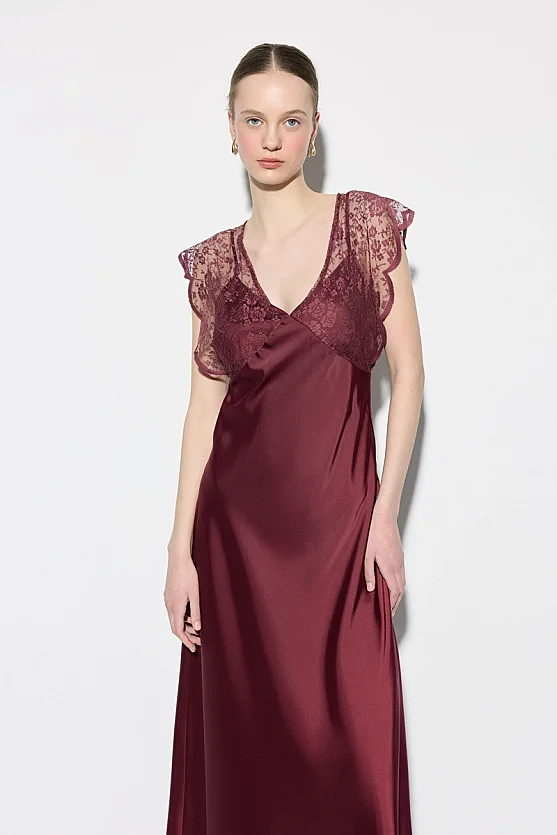 Dantel Detaylı Saten Abiye Elbise - Bordo - 3