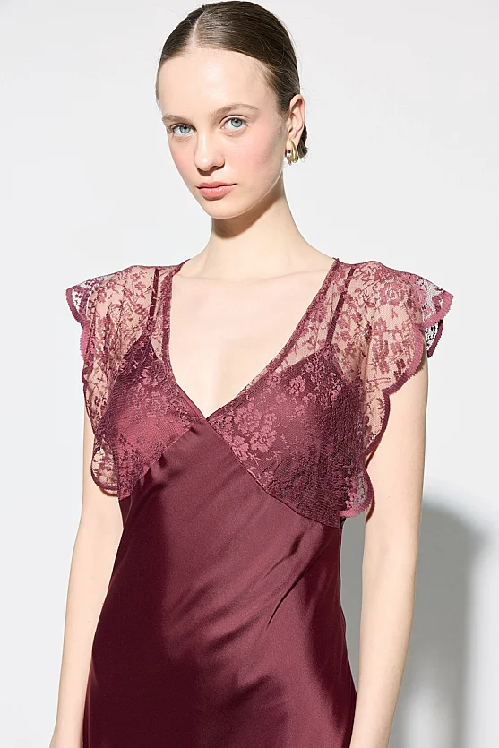 Dantel Detaylı Saten Abiye Elbise - Bordo - 5