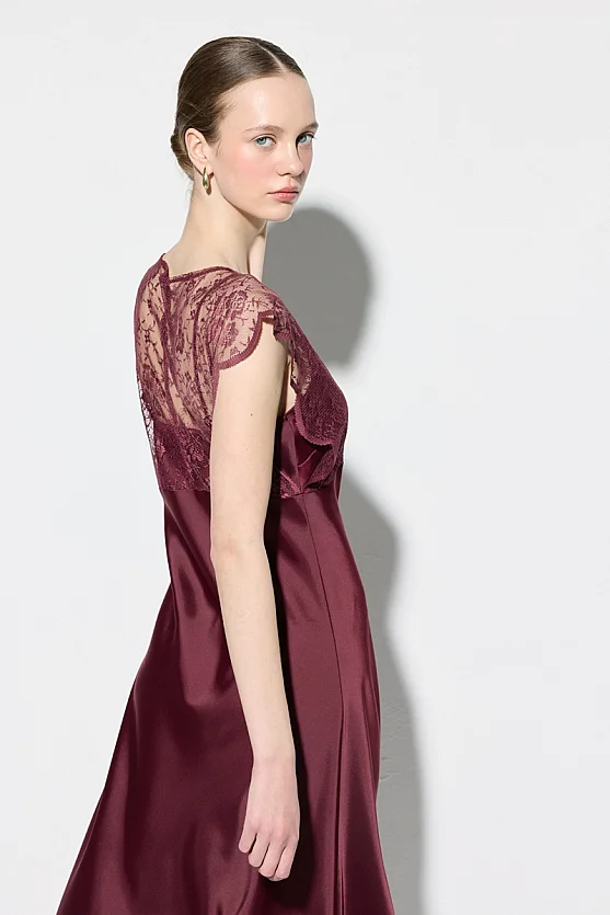 Dantel Detaylı Saten Abiye Elbise - Bordo - 7