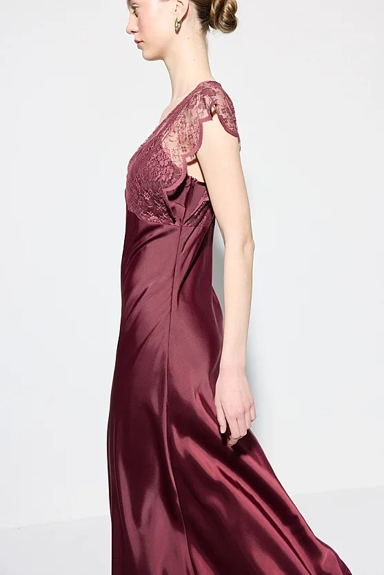 Dantel Detaylı Saten Abiye Elbise - Bordo - Gusto