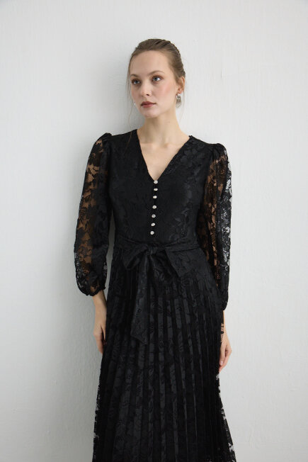 Dantel Pilise Uzun Abiye Elbise - Siyah - Gusto