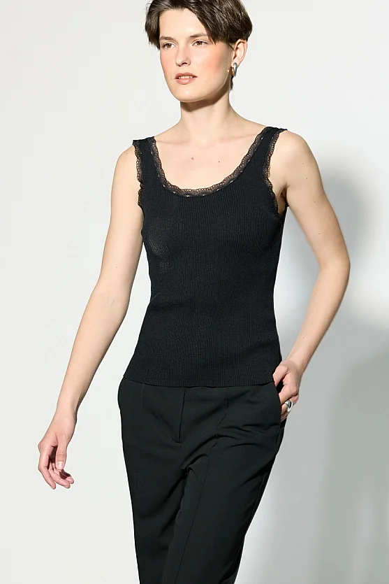 Dantel Şeritli Rayon Triko Atlet - Siyah - Gusto