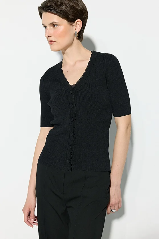 Dantel Şeritli Rayon Triko Hırka - Siyah - Gusto