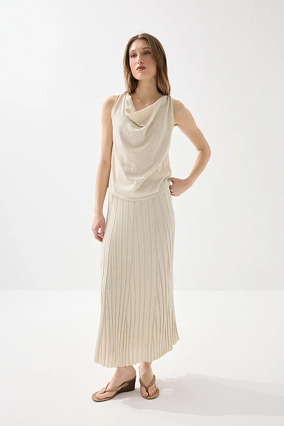 Degaje Yaka Simli Viskon Triko Bluz - Ekru - Gusto