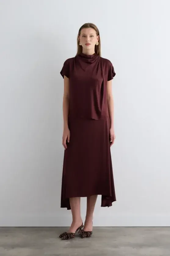 Degaje Yaka Viskon Saten Bluz - Bordo - 2