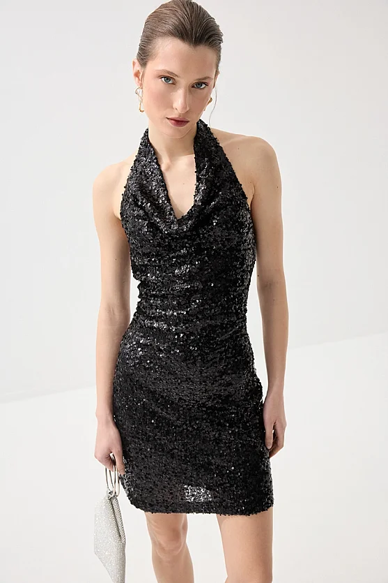 Degaje Yakalı Pul Payet Premıum Abiye Elbise - Siyah - Gusto