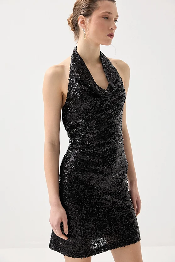 Degaje Yakalı Pul Payet Premıum Abiye Elbise - Siyah - 5