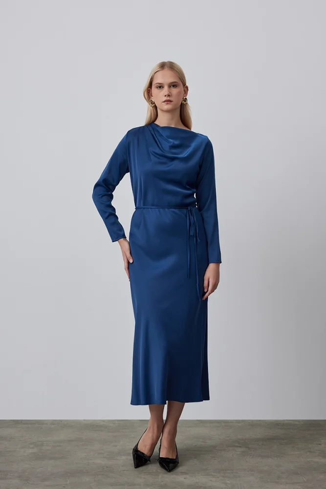 Degaje Yakalı Uzun Elbise - Petrol Yeşili Petrol Yeşili