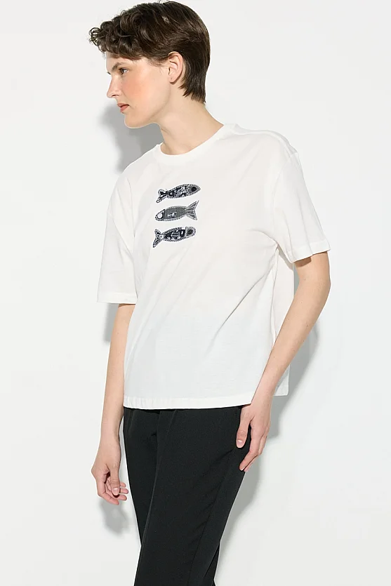 Denim Aplikeli Rahat Kesim Pamuk T-shirt - Beyaz - Gusto