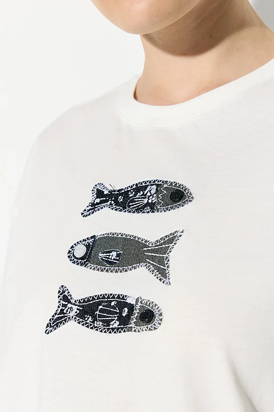 Denim Aplikeli Rahat Kesim Pamuk T-shirt - Beyaz - 5