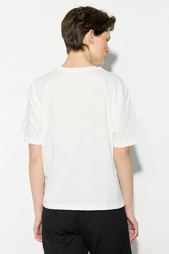 Denim Aplikeli Rahat Kesim Pamuk T-shirt - Beyaz - 6