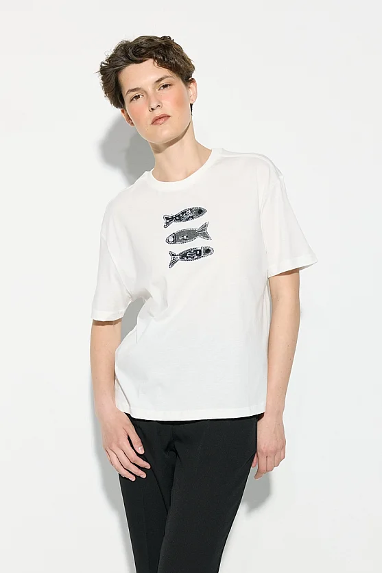 Denim Aplikeli Rahat Kesim Pamuk T-shirt - Beyaz - Gusto