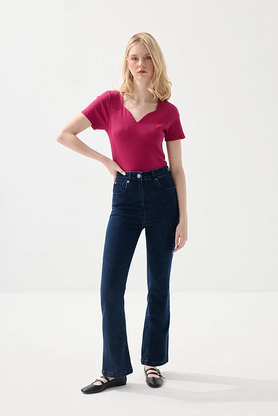 Denim Flare Kot Pantolon - Lacivert - Gusto