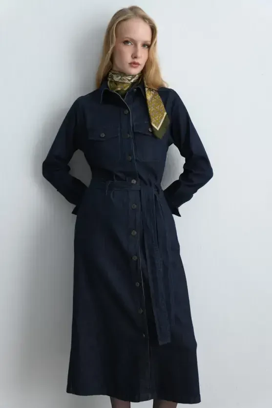 Denim Gömlek Elbise - Lacivert - Gusto