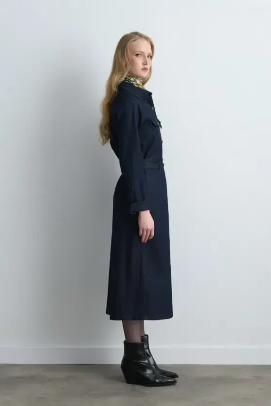 Denim Shirt Dress - Navy Blue - Gusto