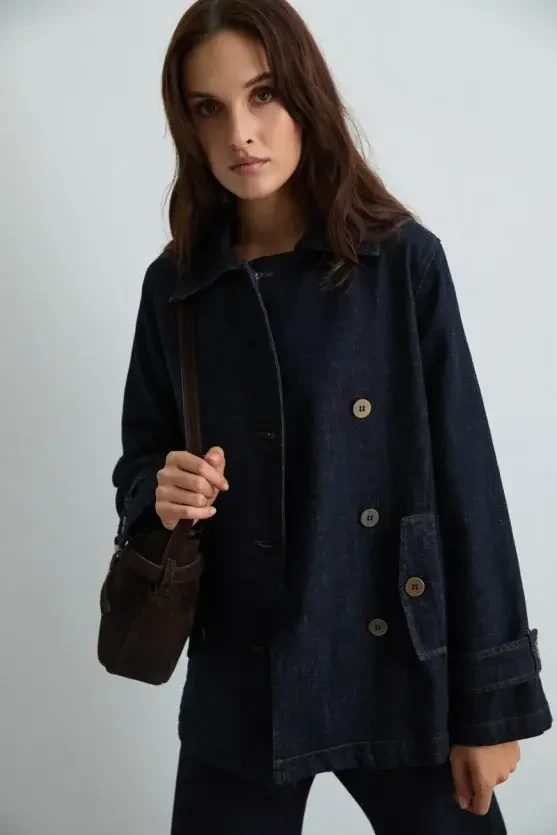 Denim Trench Coat - Navy Blue - Gusto