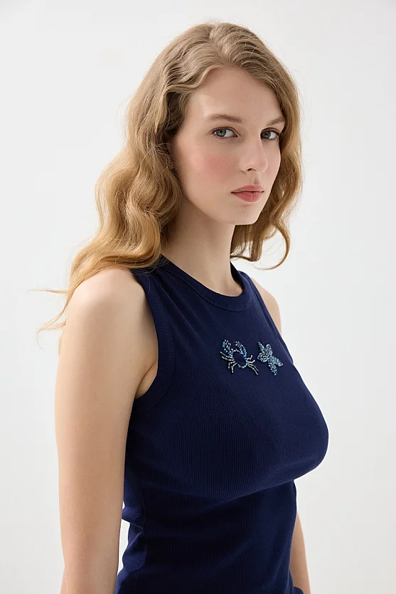 Deniz Temalı Bisiklet Yaka Ribana Pamuk Atlet - Lacivert - Gusto