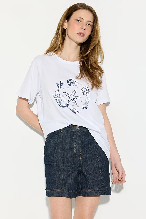 Deniz Temalı Boncuk İşlemeli Pamuk T-shirt - Beyaz - Gusto
