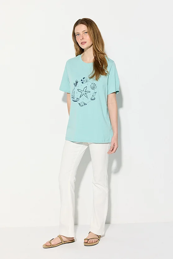 Deniz Temalı Boncuk İşlemeli Pamuk T-shirt - Turkuaz - Gusto