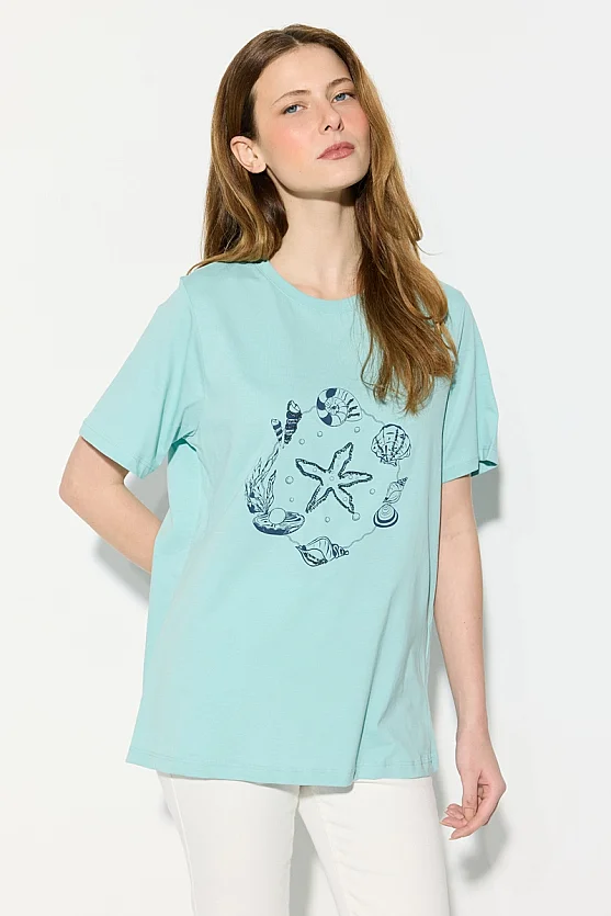 Deniz Temalı Boncuk İşlemeli Pamuk T-shirt - Turkuaz - 3
