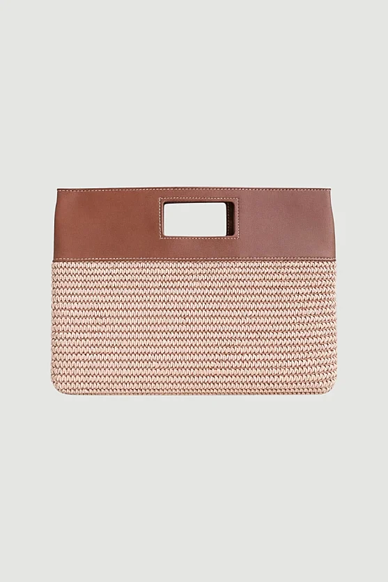 Deri Detaylı Hasır El Çantası - Bej - Gusto