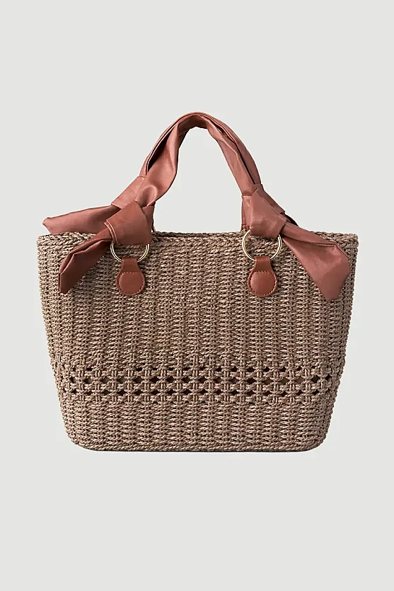 Deri Saplı Hasır Çanta - Kahverengi - Gusto