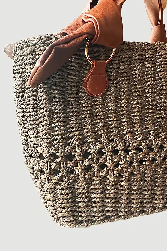 Deri Saplı Hasır Çanta - Kahverengi - Gusto