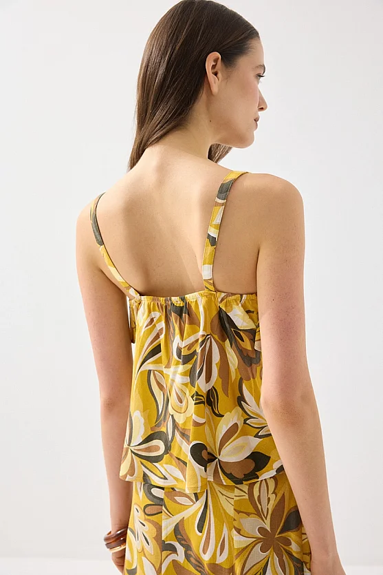 Askılı Desenli Keten Bluz - Sarı - 5